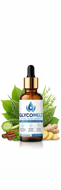 GlycoMelt blood sugar support dropper bottle standing among fresh green botanicals