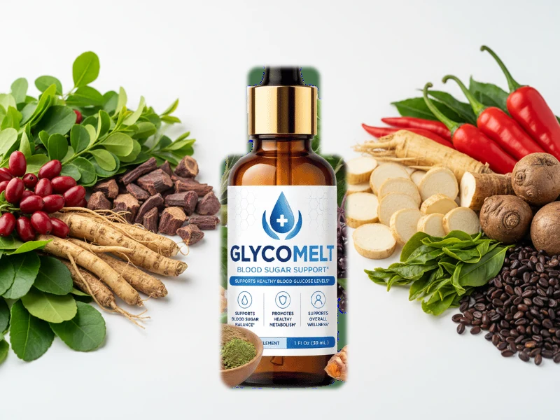 GlycoMelt blood sugar drops beside the botanical ingredients named on the label